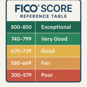 FICO Score Reference Table for Improving Bad Credit in 2025 FICO score reference table showing credit score ranges from 300 to 850, helping users understand how to improve bad credit score in 2025