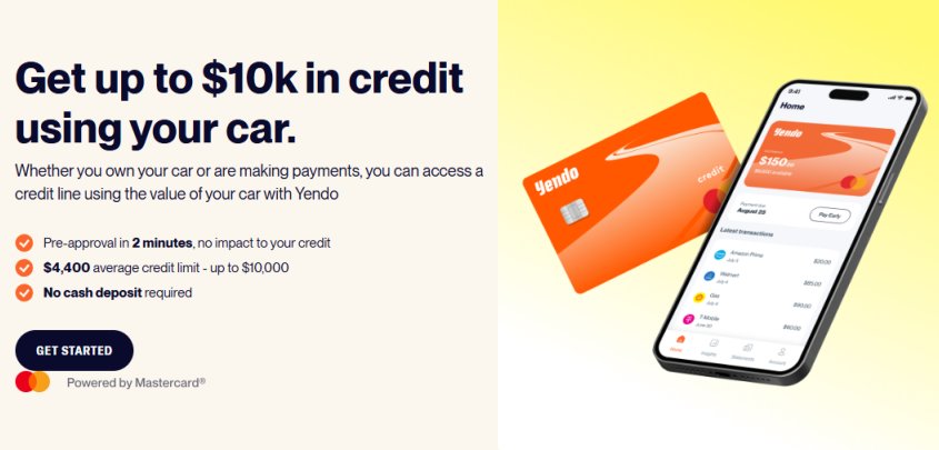 Yendo operates as a vehicle-secured credit card, leveraging the equity in your car to provide access to credit without the usual barriers.